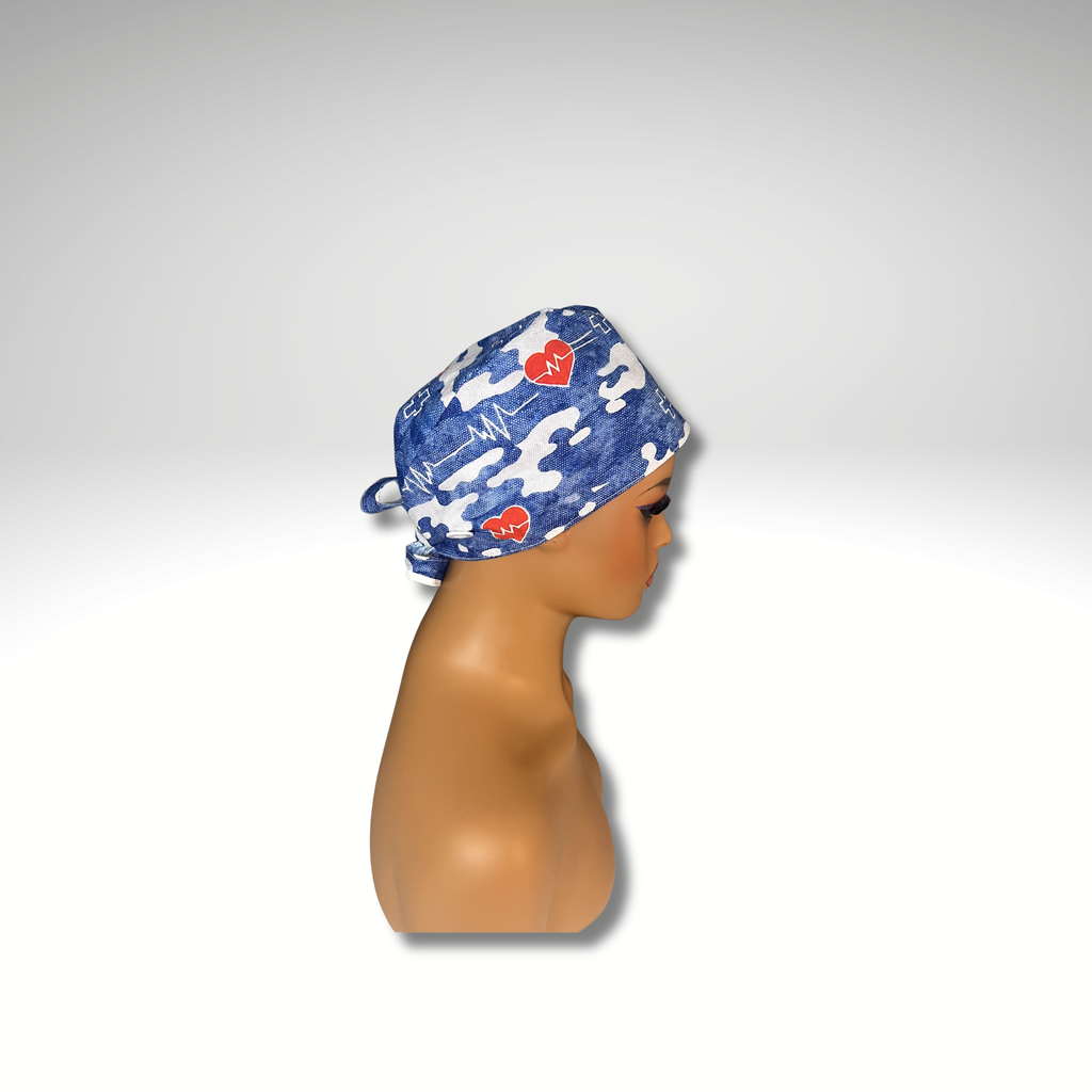 Blue camouflage satin scrub cap